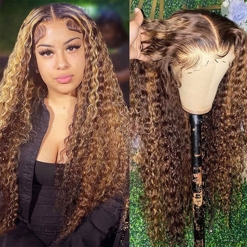 Highlight Deep Curly 13x6 Lace Frontal Human Hair Wigs Transparent Deep Wave Lace Wig